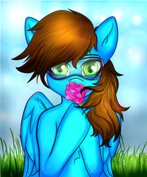 Size: 2520x3025 | Tagged: safe, artist:ginger-tea-lady, oc, oc:blue scroll, pegasus, pony, bust, female, flower, goggles, high res, looking at you, portrait, rose