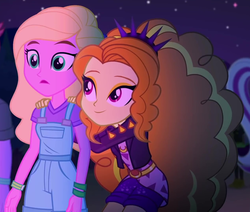Size: 1270x1078 | Tagged: safe, screencap, adagio dazzle, duke suave, sandy cerise, sonata dusk, equestria girls, find the magic, g4, my little pony equestria girls: better together, adoragio, clothes, cropped, cute, female, hands on shoulder, male, offscreen character, overall shorts, overalls, shorts