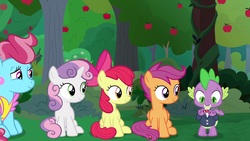 Size: 1920x1080 | Tagged: safe, screencap, apple bloom, cup cake, scootaloo, spike, sweetie belle, earth pony, pony, g4, the big mac question, apple, apple tree, bowtie, clothes, cutie mark crusaders, suit, tree