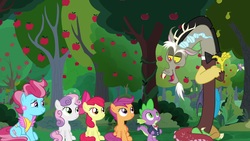 Size: 1920x1080 | Tagged: safe, screencap, apple bloom, cup cake, discord, scootaloo, spike, sweetie belle, earth pony, pony, g4, the big mac question, apple, apple tree, bowtie, clothes, cutie mark crusaders, pear tree, shirtless shirt collar, spike's second bow tie, suit, tree, tuxedo