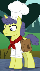 Size: 569x992 | Tagged: safe, screencap, stove comet, pony, unicorn, g4, the ending of the end, angry, annoyed, chef, chef's hat, clothes, cropped, frown, hat, male, neckerchief, saddle bag, shirt, solo, stallion