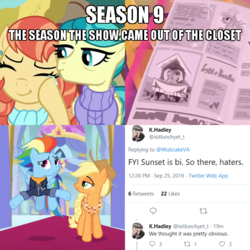 Size: 600x600 | Tagged: safe, edit, edited screencap, screencap, applejack, aunt holiday, auntie lofty, bon bon, lyra heartstrings, rainbow dash, sunset shimmer, sweetie drops, earth pony, pegasus, pony, equestria girls, g4, the last crusade, the last problem, argument in the comments, caption, clothes, cropped, discussion in the comments, female, granny smith's shawl, image macro, implied bisexual, implied lesbian, katrina hadley, lesbian, meta, newspaper, older, older applejack, older rainbow dash, ship:appledash, ship:lofty day, ship:lyrabon, shipping, shipping fuel, text, twitter