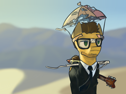 Size: 3089x2317 | Tagged: safe, artist:toanderic, boneless, cheese sandwich, earth pony, pony, g4, broken glasses, clothes, crossover, desert, glasses, guitar, hat, high res, looking away, male, musical instrument, necktie, six string samurai, solo, stallion, stubble, tuxedo, umbrella, umbrella hat
