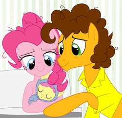 Size: 779x753 | Tagged: safe, artist:owlity, cheese sandwich, li'l cheese, pinkie pie, earth pony, pony, g4, the last problem, baby, baby pony, birth, cute, father and child, father and daughter, female, foal, heartwarming, holding a baby, male, mare, mother, mother and daughter, newborn, parent, ship:cheesepie, shipping, stallion, straight, swaddled baby