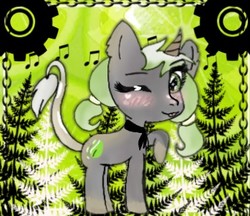 Size: 370x320 | Tagged: safe, oc, oc only, oc:xyla, pony, unicorn, blushing, female, gradient horn, green eyes, horn, leonine tail, looking at you, pigtails, solo