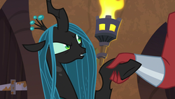 Size: 1920x1080 | Tagged: safe, screencap, lord tirek, queen chrysalis, g4, the ending of the end, evil lair, grogar's lair, holding hands, holding hooves, lair, narrowed eyes, raised eyebrow, suspicious, torch