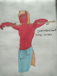 Size: 3120x4160 | Tagged: safe, artist:0-van-0, big macintosh, earth pony, anthro, g4, abs, armpits, clothes, freckles, inktober, jeans, male, muscles, nudity, pants, partial nudity, solo, topless, traditional art