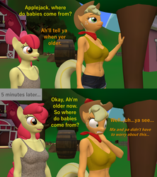 Size: 1920x2160 | Tagged: safe, artist:papadragon69, apple bloom, applejack, earth pony, anthro, g4, growing up is hard to do, 3d, belly button, breasts, busty apple bloom, busty applejack, midriff, older, older apple bloom, source filmmaker, the birds and the bees, the talk