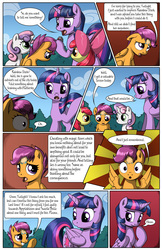 Size: 2030x3130 | Tagged: safe, artist:sirzi, apple bloom, scootaloo, sweetie belle, twilight sparkle, alicorn, earth pony, pegasus, pony, unicorn, comic:talisman for a pony, g4, bow, clothes, comic, cutie mark crusaders, female, filly, guilty, hair bow, high res, jackie chan adventures, speech bubble, talisman, trio, twilight sparkle (alicorn)