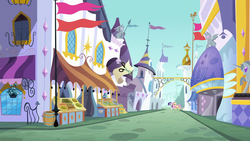 Size: 1920x1080 | Tagged: safe, screencap, fluttershy, rarity, pegasus, pony, unicorn, g4, the ending of the end, barrel, canterlot, female, mare, potted plant, statue, street, vendor stall