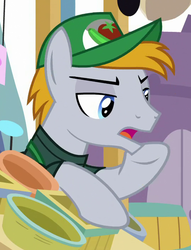 Size: 540x705 | Tagged: safe, screencap, sub sandwich, pony, g4, the ending of the end, baseball cap, cap, clothes, cropped, hat, lidded eyes, male, raised hoof, shirt, stallion, talking, vendor stall