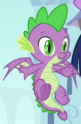 Size: 303x465 | Tagged: safe, screencap, spike, dragon, g4, the ending of the end, action pose, belly, chubby, cropped, cute, cute little fangs, fangs, flying, male, smiling, solo focus, winged spike, wings