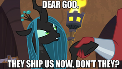 Size: 947x533 | Tagged: safe, edit, edited screencap, screencap, lord tirek, queen chrysalis, g4, the ending of the end, caption, disgusted, female, holding hands, image macro, male, meta, realization, ship:chrysirek, shipping, straight, text