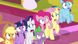 Size: 1920x1080 | Tagged: safe, screencap, applejack, fluttershy, pinkie pie, rainbow dash, rarity, spike, twilight sparkle, alicorn, dragon, earth pony, pegasus, pony, unicorn, g4, season 9, the ending of the end, female, flying, frown, horrified, male, mane seven, mane six, mare, open mouth, raised hoof, shocked, shrunken pupils, surprised, twilight sparkle (alicorn), varying degrees of do not want, wide eyes, winged spike, wings