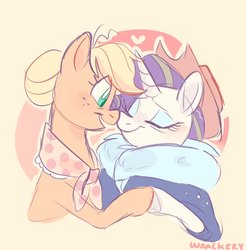 Size: 1552x1579 | Tagged: safe, artist:waackery, applejack, rarity, earth pony, pony, unicorn, g4, the last problem, accessory swap, applejack's hat, boop, clothes, cowboy hat, eyes closed, female, granny smith's shawl, hair bun, hat, heart, holding hooves, lesbian, mare, noseboop, older, older applejack, older rarity, ship:rarijack, shipping, smiling