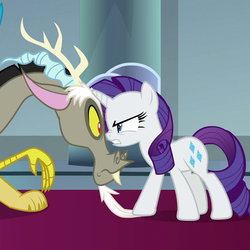 Size: 1078x1078 | Tagged: safe, screencap, discord, rarity, draconequus, pony, unicorn, g4, the ending of the end, angry, cropped, eye to eye, female, gritted teeth, male, mare, nose to nose, stare down, stepping on something
