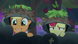 Size: 1280x720 | Tagged: safe, screencap, apple bloom, applejack, earth pony, pony, g4, going to seed, scared, smiling
