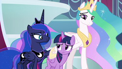 Size: 1920x1080 | Tagged: safe, screencap, princess celestia, princess luna, twilight sparkle, alicorn, pony, g4, the ending of the end, canterlot castle, eye contact, female, frown, hoof on shoulder, looking at each other, mare, smiling, throne room, twilight sparkle (alicorn), uncertain