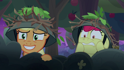 Size: 1280x720 | Tagged: safe, screencap, apple bloom, applejack, earth pony, pony, g4, going to seed, scared, smiling