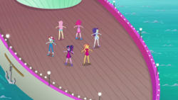 Size: 1920x1080 | Tagged: artist needed, safe, fluttershy, pinkie pie, rainbow dash, rarity, sci-twi, sunset shimmer, twilight sparkle, equestria girls, g4, i'm on a yacht, my little pony equestria girls: better together, aerial view, luxe deluxe