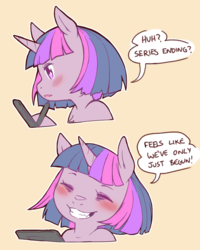 Size: 960x1200 | Tagged: safe, artist:cold-blooded-twilight, twilight sparkle, pony, unicorn, cold blooded twilight, g4, blushing, dialogue, end of g4, end of ponies, female, mare, smiling, tablet, tablet pen, unicorn twilight