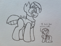 Size: 2576x1932 | Tagged: safe, artist:drheartdoodles, fluttershy, oc, insect, pony, g4, antennae, dialogue, female, filly, filly fluttershy, size difference, younger