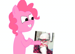 Size: 550x400 | Tagged: safe, artist:meme mare, pinkie pie, earth pony, human, pony, g4, animated, blood, female, gif, glare, glasses, grin, irl human, jim miller, mare, photo, punch, simple background, smiling, smirk, wat, we got a badass over here, white background
