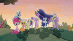 Size: 800x450 | Tagged: safe, screencap, applejack, fluttershy, pinkie pie, rainbow dash, rarity, spike, twilight sparkle, alicorn, dragon, earth pony, pegasus, pony, unicorn, season 9, the last problem, spoiler:s09, animated, book, book of harmony, bookends, closing the book, fin, full circle, gif, gigachad spike, mane six, older, older applejack, older fluttershy, older mane seven, older mane six, older pinkie pie, older rainbow dash, older rarity, older spike, older twilight, thank you lauren, the end, the magic of friendship grows, twilight sparkle (alicorn)