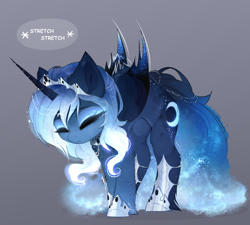 Size: 2766x2484 | Tagged: safe, artist:magnaluna, princess luna, alicorn, pony, g4, alternate hairstyle, bat wings, behaving like a cat, butt fluff, cheek fluff, colored wings, colored wingtips, cute, descriptive noise, ear fluff, eyes closed, eyeshadow, female, fluffy, frown, glowing, glowing mane, gradient wings, gray background, high res, hoof fluff, horn, horn jewelry, jewelry, kitty luna, leg fluff, lunabetes, makeup, mare, regalia, shoulder fluff, simple background, solo, stretching, tail jewelry, unshorn fetlocks, wing fluff, wings