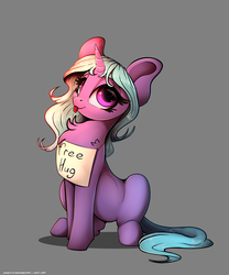 Size: 2500x3000 | Tagged: safe, artist:skitsroom, oc, oc only, oc:eleane tih, pony, unicorn, bronybait, chest fluff, cute, female, free hugs, gray background, high res, hug, looking at you, mare, sign, simple background, sitting, solo, tongue out