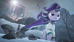 Size: 3840x2160 | Tagged: safe, artist:calveen, starlight glimmer, pony, unicorn, g4, the ending of the end, 3d, alternate hairstyle, aviator sunglasses, chinese, clothes, cool guys don't look at explosions, dreamworks face, female, fire, glasses, high res, hoodie, raised hoof, rock, scene interpretation, snow, source filmmaker, starlight glimmer in places she shouldn't be, sunglasses, tattoo, walking away, windswept mane