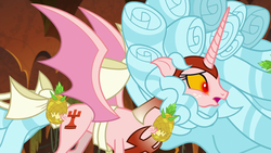 Size: 1920x1080 | Tagged: safe, screencap, cozy glow, alicorn, pony, g4, the ending of the end, alicornified, armor, bat wings, biting, bow, butt bite, confused, cozybuse, cozycorn, food, giant demon alicorn cozy glow, literal butthurt, living pineapple, ouch, pain, pineapple, race swap, surprised, tail bow, wings, yellow sclera