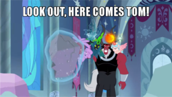 Size: 600x338 | Tagged: safe, edit, edited screencap, screencap, cozy glow, lord tirek, queen chrysalis, rarity, tom, twilight sparkle, alicorn, changeling, pony, unicorn, g4, the ending of the end, the return of harmony, alicornified, caption, cozycorn, crazy glow, crazycorn, female, grogar's bell, here comes tom, image macro, insanity, look out, mare, race swap, text, twilight sparkle (alicorn), ultimate chrysalis