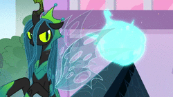 Size: 1920x1080 | Tagged: safe, screencap, queen chrysalis, starlight glimmer, changeling, pony, unicorn, g4, the ending of the end, animated, badass, female, fight, former queen chrysalis, magic, mare, sassy, snow, sound, starlight vs chrysalis, teleportation, ultimate chrysalis, webm
