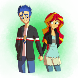 Size: 3088x3088 | Tagged: safe, artist:ksl100, flash sentry, sunset shimmer, equestria girls, g4, cute, eye clipping through hair, female, high res, holding hands, looking at each other, male, ship:flashimmer, shipping, straight