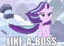 Size: 954x688 | Tagged: safe, edit, edited screencap, screencap, starlight glimmer, pony, unicorn, g4, the ending of the end, badass, caption, cropped, female, image macro, like a boss, snow, solo, starlight glimmer in places she shouldn't be, text, walking away, windswept mane