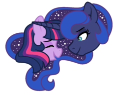 Size: 952x728 | Tagged: safe, artist:rosebuddity, princess luna, twilight sparkle, alicorn, pony, g4, bust, closed mouth, duo, ethereal mane, eyes closed, female, lesbian, looking at someone, mare, missing accessory, open mouth, portrait, ship:twiluna, shipping, simple background, smiling, sparkly mane, starry mane, transparent background