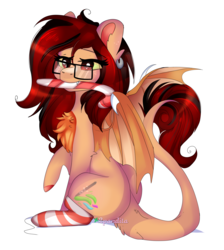 Size: 3007x3349 | Tagged: safe, artist:2pandita, oc, oc only, oc:riana, dracony, dragon, hybrid, pony, candy, candy cane, clothes, female, food, glasses, high res, mouth hold, simple background, socks, solo, striped socks, white background