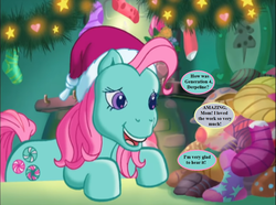 Size: 1207x900 | Tagged: safe, edit, edited screencap, editor:korora, screencap, minty, pony, a very minty christmas, g3, g4, christmas, christmas lights, clothes, cute, dialogue, end of g4, g3 to g4, generation leap, hat, holiday, implied derpy, mintabetes, santa hat, socks, speech bubble, that pony sure does love socks
