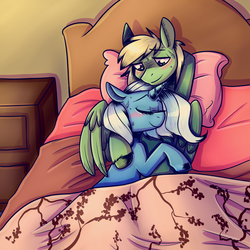 Size: 900x900 | Tagged: safe, artist:sinligereep, trixie, oc, oc:mark wells, pony, unicorn, fanfic:off the mark, g4, afterglow, aftersex, arm behind head, bed, blushing, canon x oc, cuddling, duo, female, implied sex, male, mare, markxie, pillow, smiling, stallion, straight