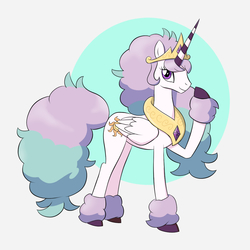 Size: 1200x1200 | Tagged: safe, artist:mew-me, princess celestia, alicorn, galarian ponyta, pony, ponyta, g4, abstract background, alternate hairstyle, clothes, cosplay, costume, crossover, cute, cutelestia, female, hilarious in hindsight, hoof over mouth, looking at you, mare, messy mane, messy tail, pokemon sword and shield, pokémon, simple background, smiling, solo, unshorn fetlocks, white background