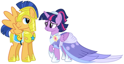Size: 2042x1056 | Tagged: safe, flash sentry, twilight sparkle, alicorn, pegasus, pony, g4, the last problem, armor, clothes, coronation, coronation dress, dress, elegant, female, gown, knight, looking at each other, male, princess, royal guard, royal guard armor, second coronation dress, ship:flashlight, shipping, simple background, straight, twilight sparkle (alicorn), white background