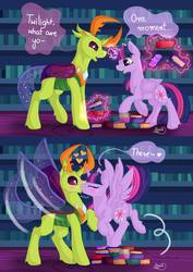 Size: 752x1063 | Tagged: safe, artist:julunis14, thorax, twilight sparkle, alicorn, changedling, changeling, pony, g4, blushing, book, comic, female, heart, king thorax, kiss on the lips, kissing, library, magic, male, mare, shipping, speech bubble, standing on books, straight, surprise kiss, telekinesis, twilight sparkle (alicorn), twirax