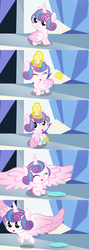 Size: 1280x3600 | Tagged: safe, anonymous artist, princess flurry heart, alicorn, pony, g4, ^^, baby, baby pony, comic, cute, diaper, diaperless edit, discarded clothing, eyes closed, female, flurrybetes, nudity, safety pin, solo, stripping, undressing, vector