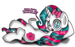 Size: 1636x1033 | Tagged: safe, artist:theclassicthinker, oc, oc only, oc:pinkie rose, pony, unicorn, female, mare, on back, simple background, solo, transparent background