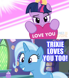 Size: 1280x1432 | Tagged: safe, artist:reverse studios, edit, trixie, twilight sparkle, pony, g4, cute, diatrixes, female, lesbian, library, ship:twixie, shipping, twiabetes, twilight's castle, twilight's castle library