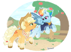 Size: 1640x1200 | Tagged: safe, artist:ruushiicz, applejack, rainbow dash, earth pony, pegasus, pony, the last problem, apple, apple tree, appledash, braided tail, colored hooves, cowboy hat, digital art, ear fluff, female, fence, flying, hat, lesbian, looking at each other, mare, pale belly, shipping, smiling, tree, unshorn fetlocks