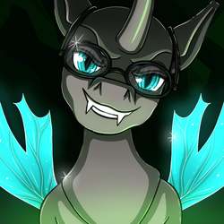 Size: 5000x5000 | Tagged: safe, artist:xexus, oc, oc only, oc:interloper, changeling, changeling oc, fangs, glasses, glowing eyes, horn, looking at you, male, solo, stallion, wings