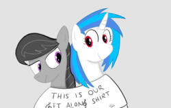 Size: 2160x1376 | Tagged: safe, artist:addelum, dj pon-3, octavia melody, vinyl scratch, earth pony, pony, unicorn, g4, clothes, duo, female, get along shirt, mare, octavia is not amused, shared clothing, shirt, simple background, unamused, wrong eye color