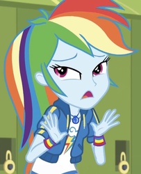 Size: 673x828 | Tagged: safe, screencap, rainbow dash, equestria girls, equestria girls specials, g4, my little pony equestria girls: better together, my little pony equestria girls: holidays unwrapped, canterlot high, cropped, faic, female, geode of super speed, lockers, magical geodes, solo